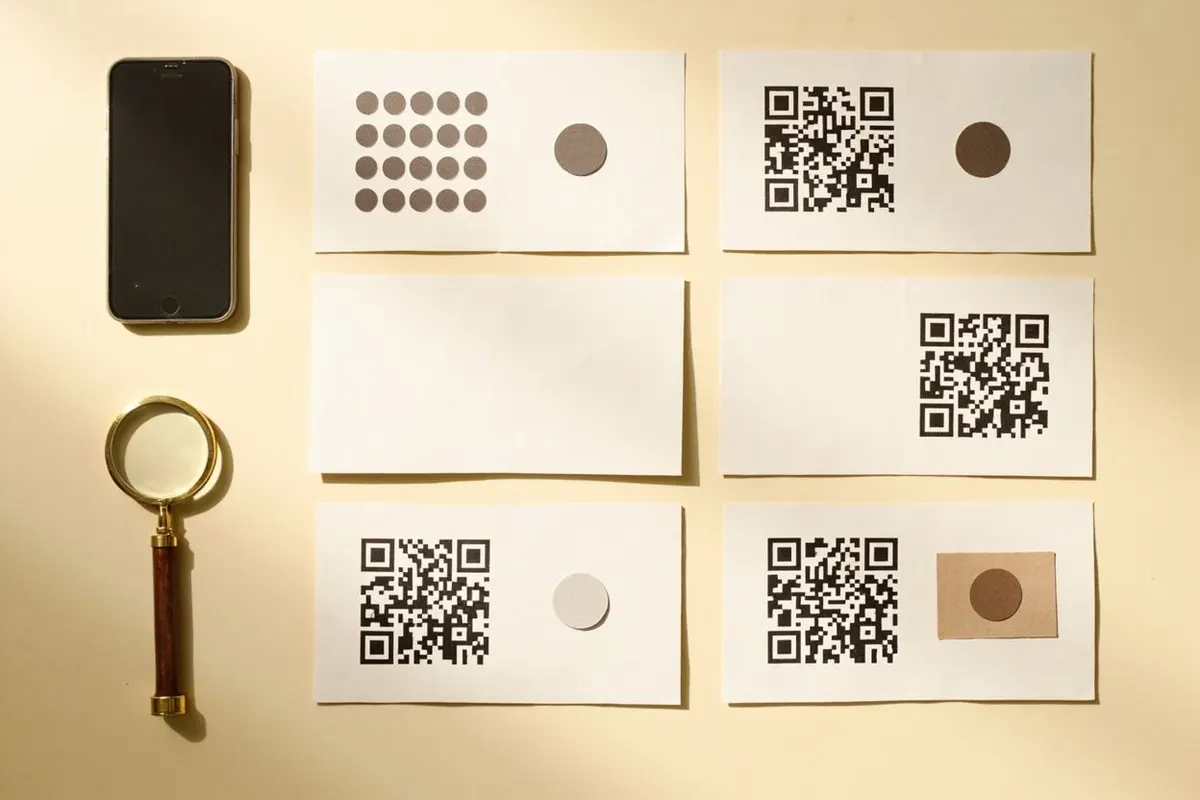 Printed QR code samples laid out in a grid beside a phone and a magnifying glass on a cream surface.