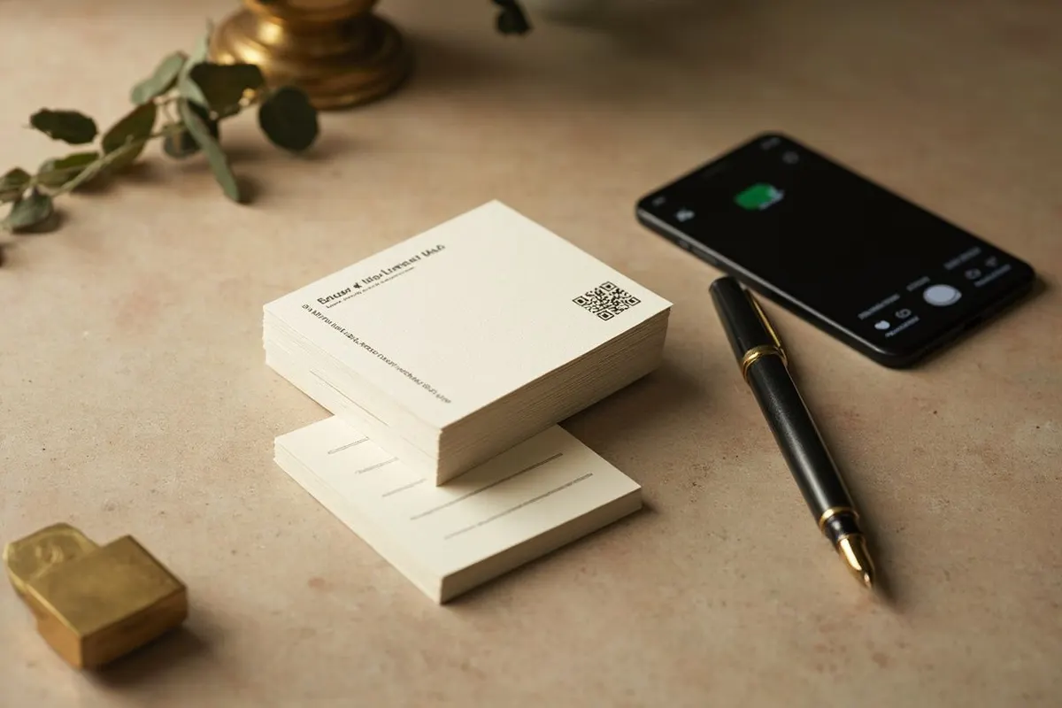 A stack of cream business cards with a small QR code, a phone and a pen on a warm stone desk.