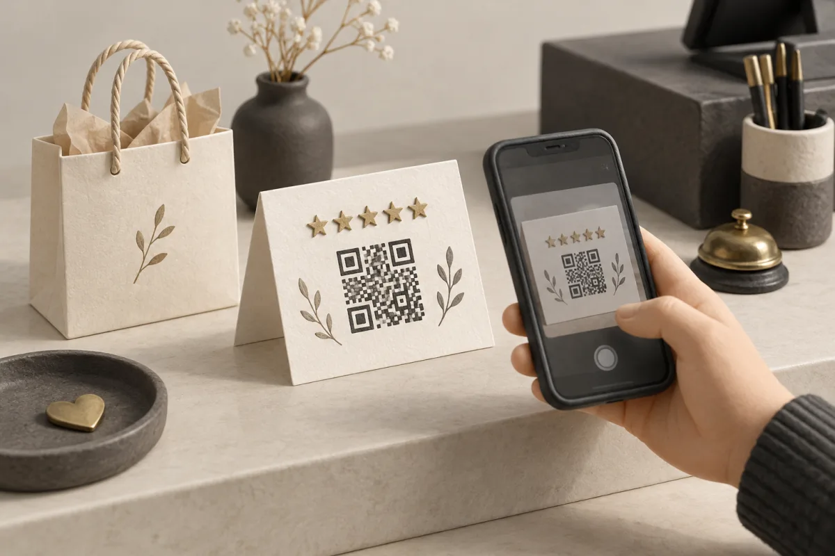 A customer scanning a review card beside a paper shopping bag on a shop counter.