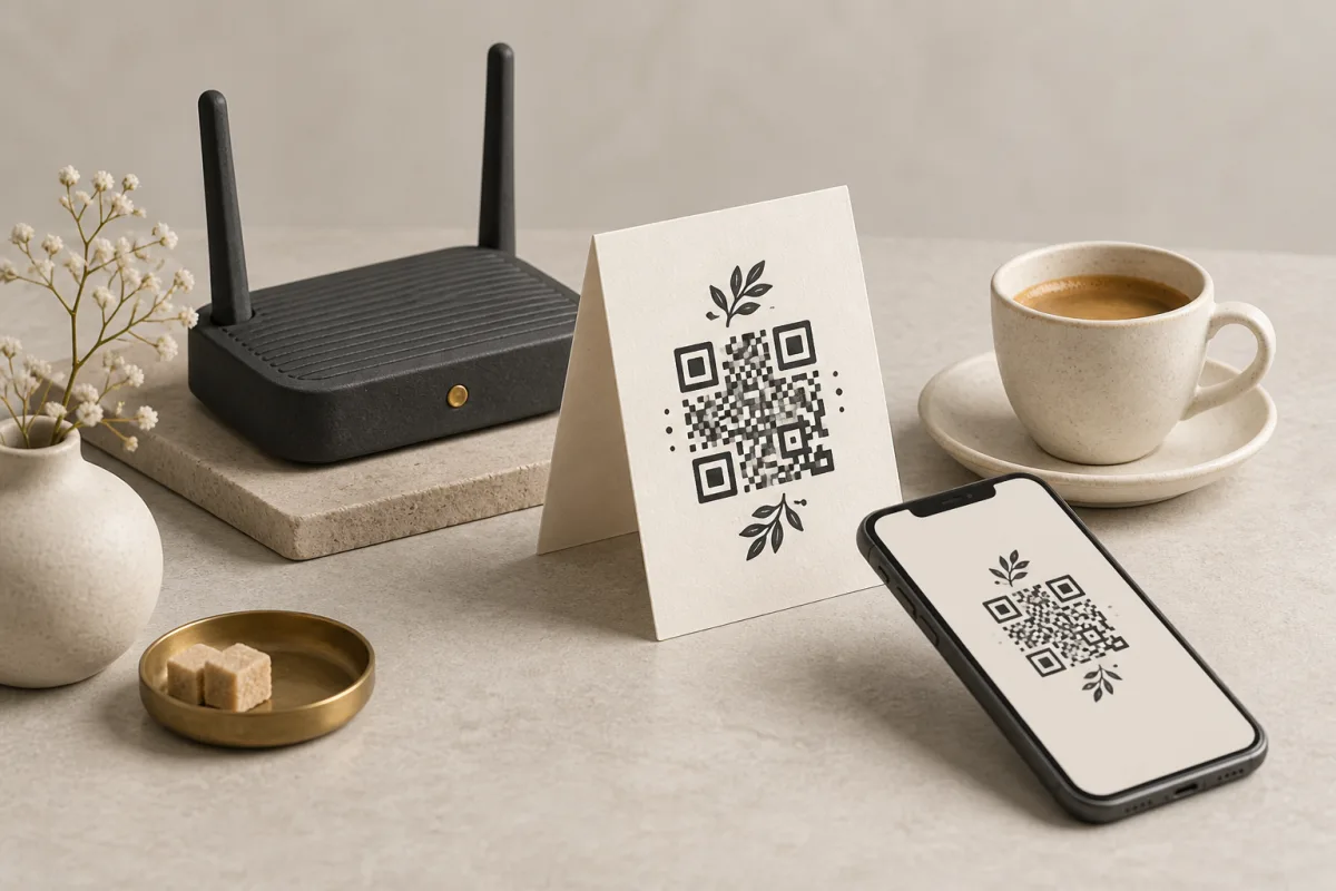 A charcoal router, guest Wi-Fi card, coffee cup and phone on a warm stone counter.