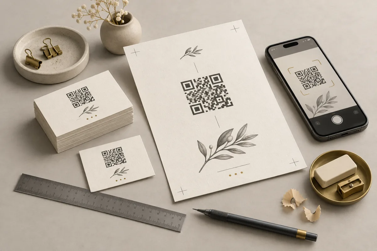 QR print proofs, business cards, a phone and a ruler arranged on a warm paper surface.