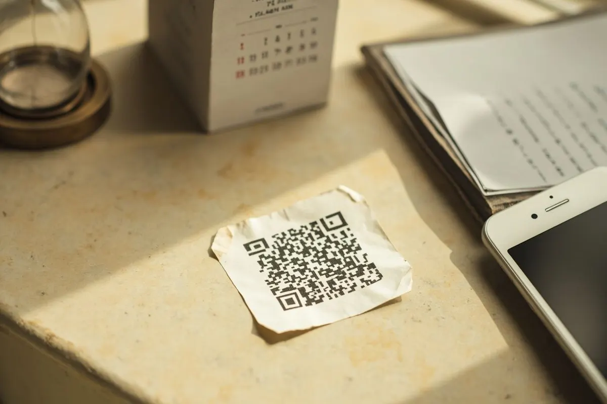 A worn paper QR code on a sunlit stone desk beside a desk calendar and a phone.