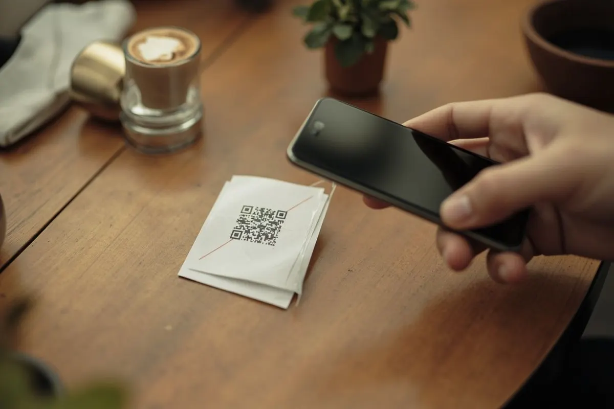 A hand holding a phone over a creased paper QR card on a café table.