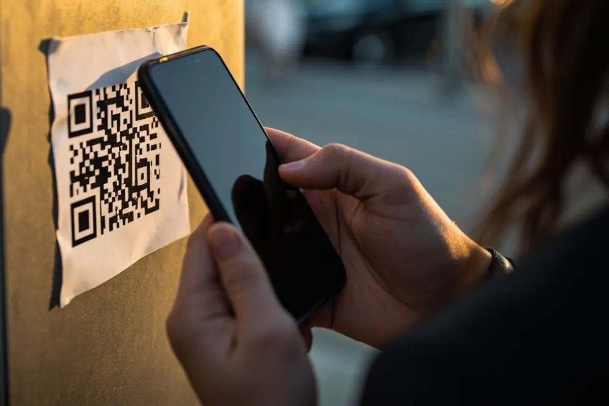A person scanning a paper QR code taped to a street post at sunset.
