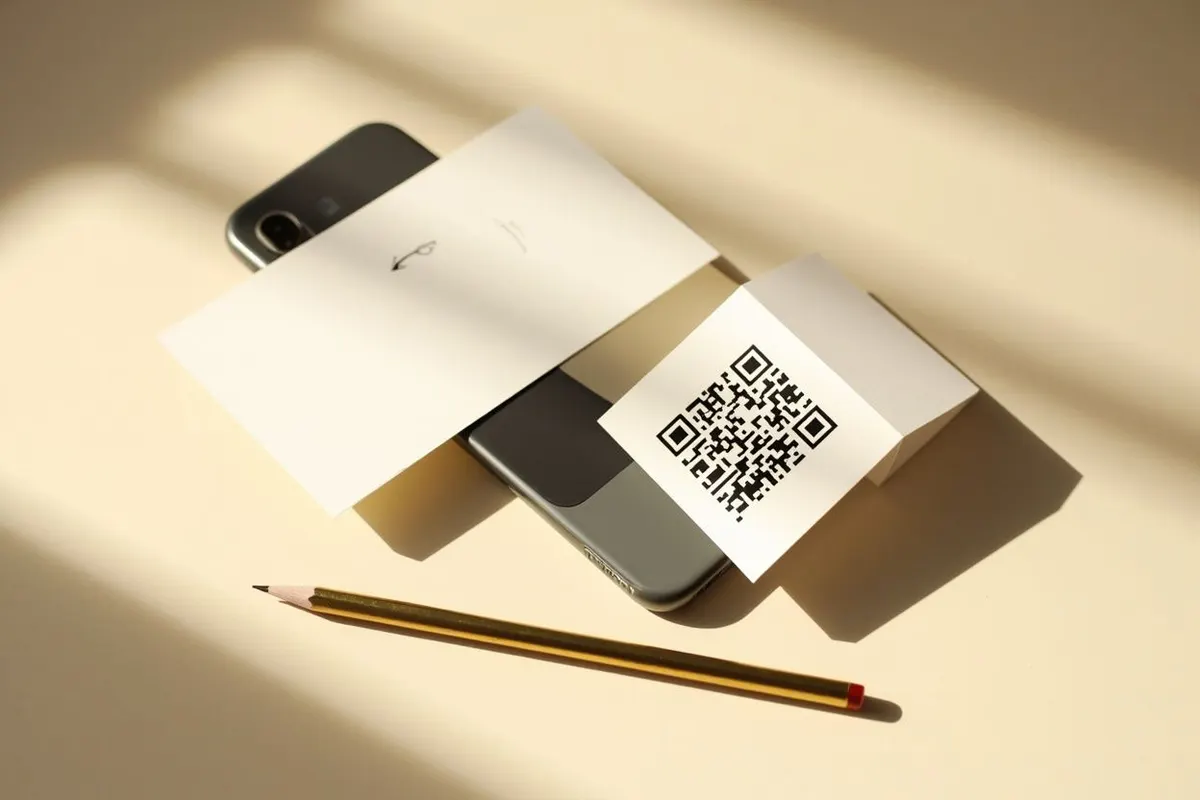 A blank white card and a printed QR card resting on a phone, with a pencil, on a sunlit cream desk.