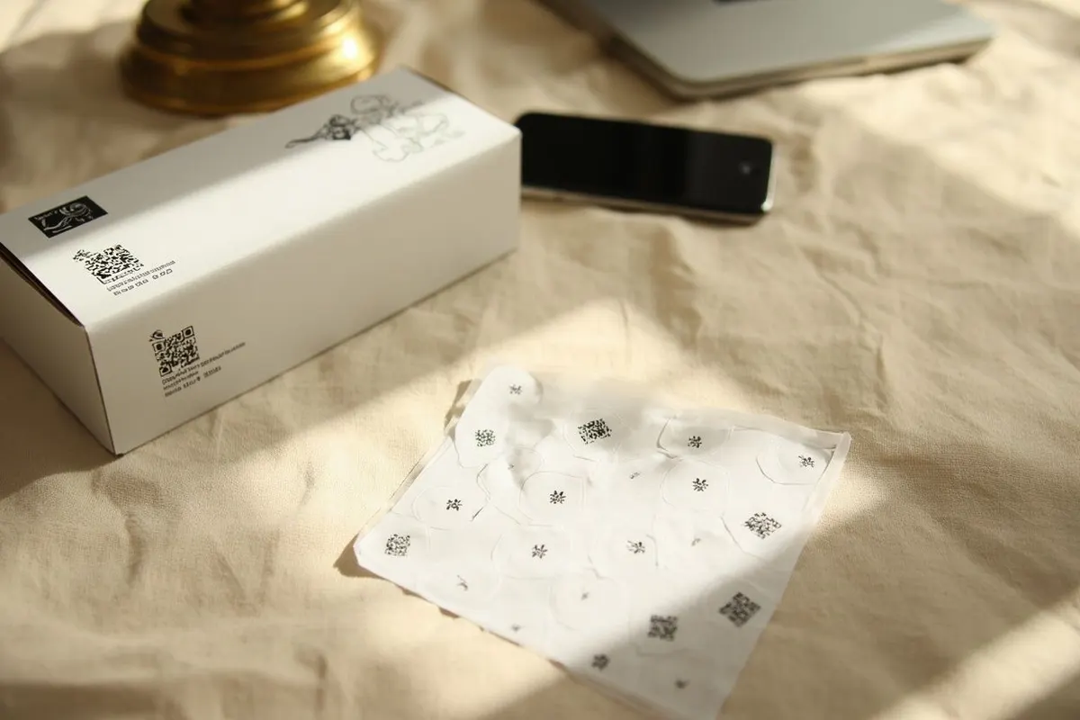 A white product box printed with QR codes and a sheet of small QR stickers on linen, with a phone behind.