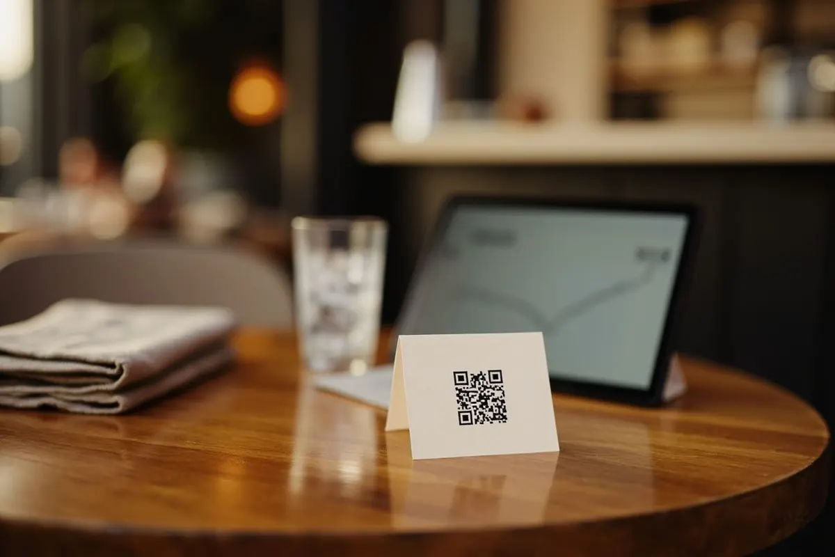 A QR table tent on a wooden café table, with a tablet showing a chart behind it.